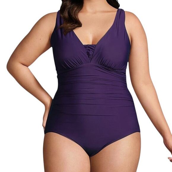 Lands’ End Slender Grecian Low-Leg One Piece Swimsuit Size 26W Purple Swim Beach - Picture 1 of 12
